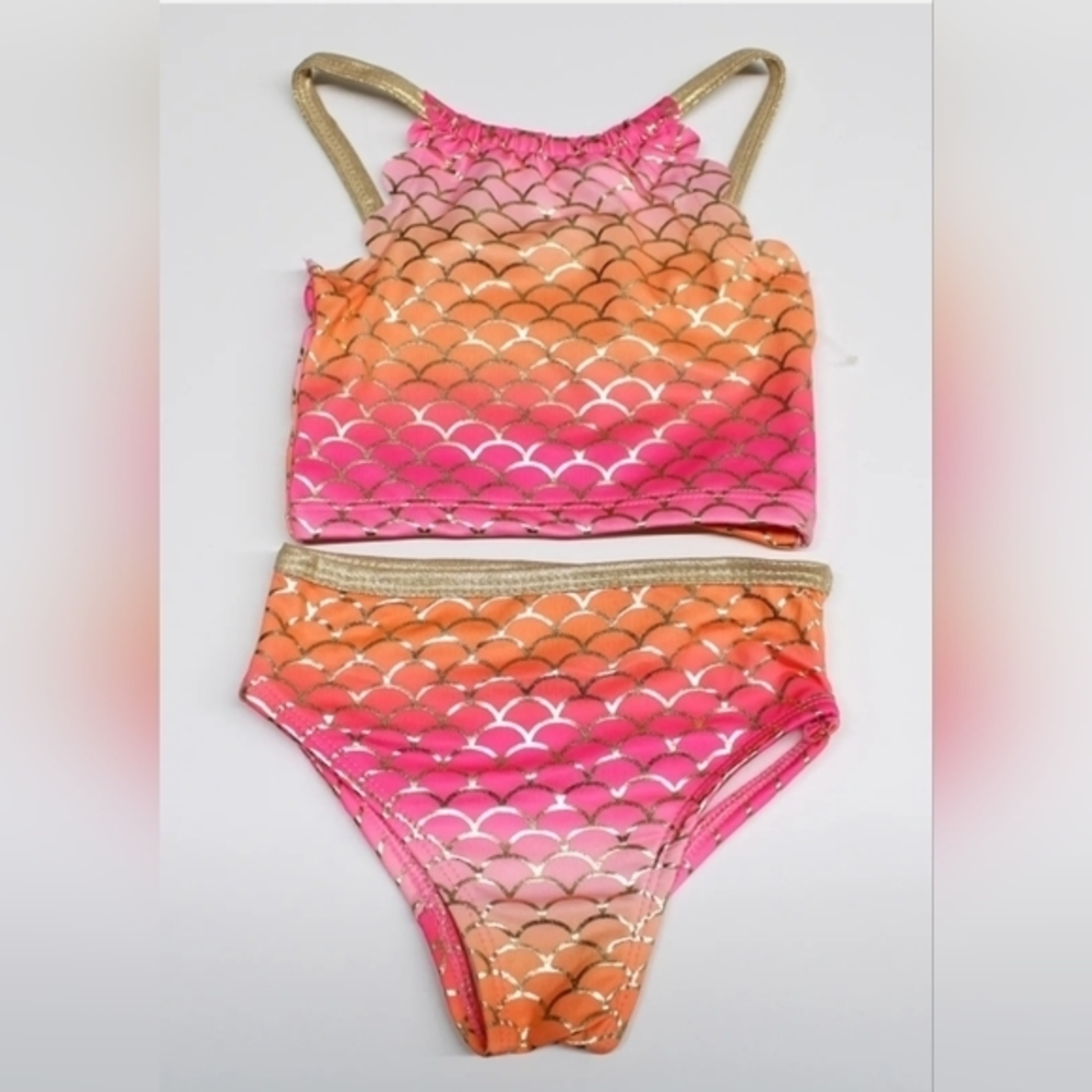 Mermaid Scallop Pink Orange & Metallic Gold Girls 2 Piece Bikini Swimwear. NWT